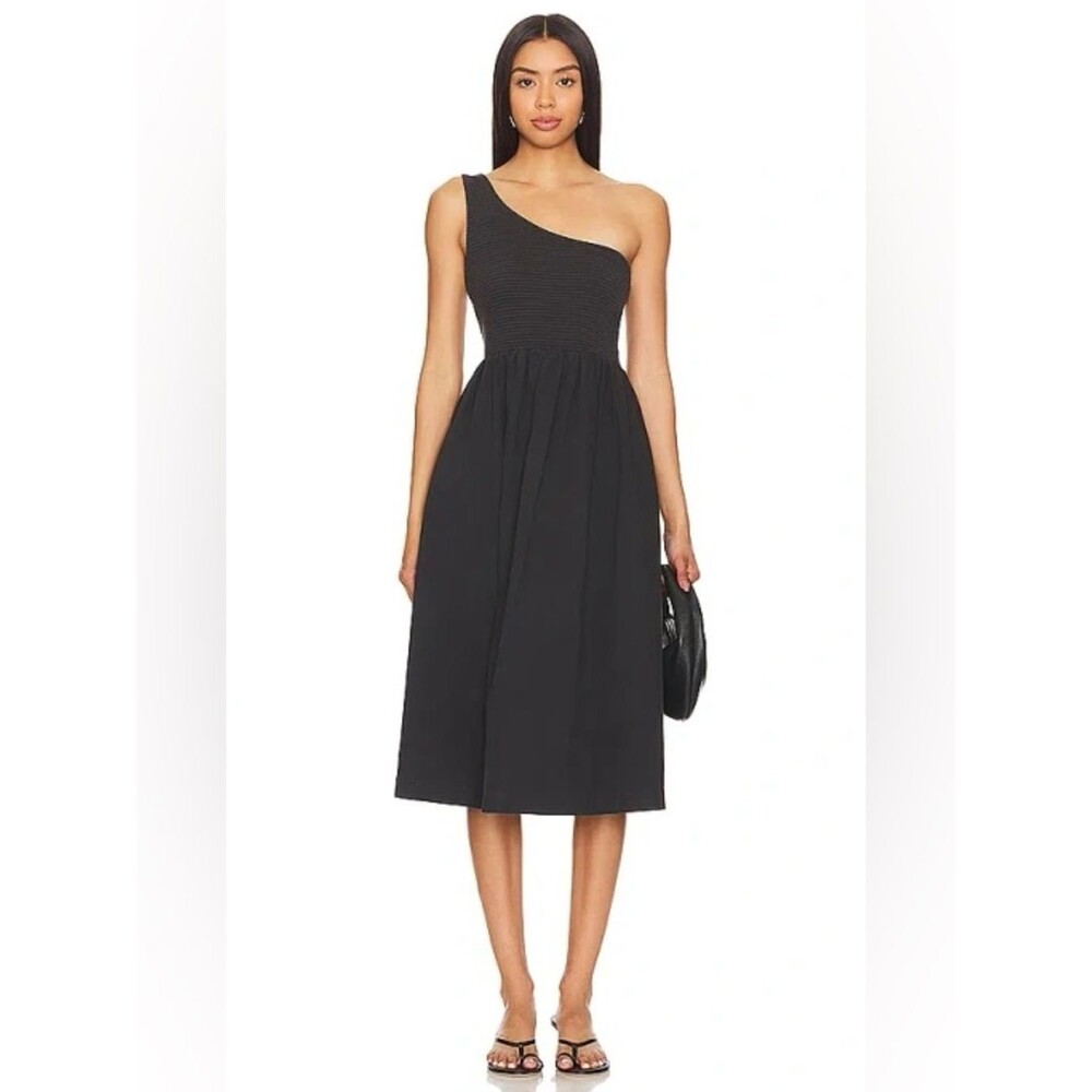 NATION LTD Women’s Connie One Shoulder Smocked Cotton Dress in Black Size M